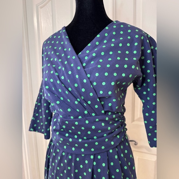 J Peterman Dress Sz 10 Faux Wrap Zip Back Ruching Blue Polka Dots V Neck Party - Picture 4 of 8